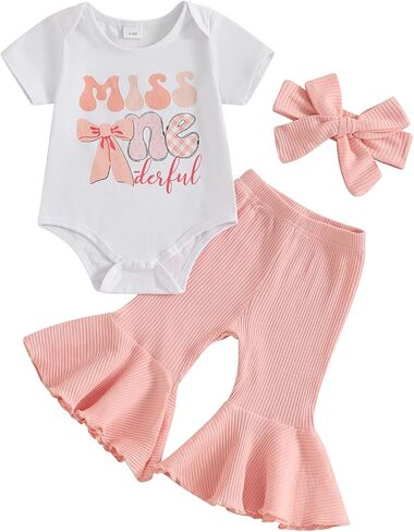 3Pcs Baby Girl 1st Birthday Outfit Bow Ruffle Short Sleeve Romper T-Shirt Bell Bottom Pants Summer Clothes Set in Saudi Arabia