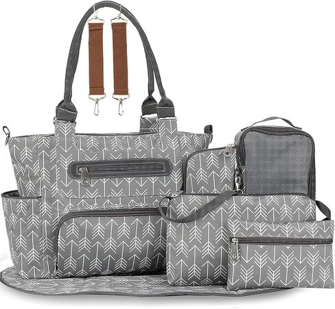 8PCS Diaper Bag Tote Set, Multifunctional Diaper Changing Bags, Bottle Bag Mesh Bag Purse Diaper Pad Pacifiers Bag 2 Hook Straps for Mom-Darkgray in Saudi Arabia