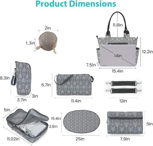8PCS Diaper Bag Tote Set, Multifunctional Diaper Changing Bags, Bottle Bag Mesh Bag Purse Diaper Pad Pacifiers Bag 2 Hook Straps for Mom-Darkgray in Saudi Arabia