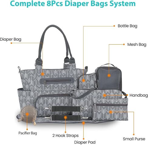 8PCS Diaper Bag Tote Set, Multifunctional Diaper Changing Bags, Bottle Bag Mesh Bag Purse Diaper Pad Pacifiers Bag 2 Hook Straps for Mom-Darkgray in Saudi Arabia