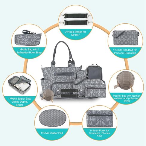 8PCS Diaper Bag Tote Set, Multifunctional Diaper Changing Bags, Bottle Bag Mesh Bag Purse Diaper Pad Pacifiers Bag 2 Hook Straps for Mom-Darkgray in Saudi Arabia