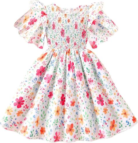 Little Girls Dress Ruffle Sleeve Floral Smocked Dresses Kids Casual Outfits Toddler Summer Tiered Boho Sundress 2-7T in Saudi Arabia