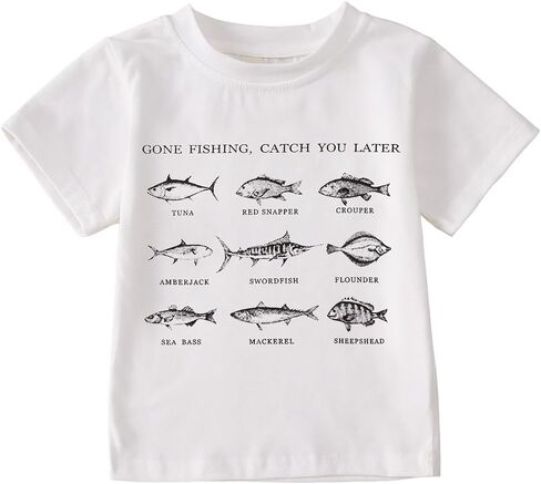 Toddler Boy Farm Shirt Cute Fish Graphic Short Sleeve T-Shirt Kids Funny Fishing Letter Print Summer Tees Tops in Kuwait