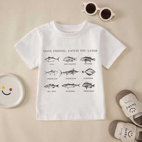 Toddler Boy Farm Shirt Cute Fish Graphic Short Sleeve T-Shirt Kids Funny Fishing Letter Print Summer Tees Tops in Kuwait