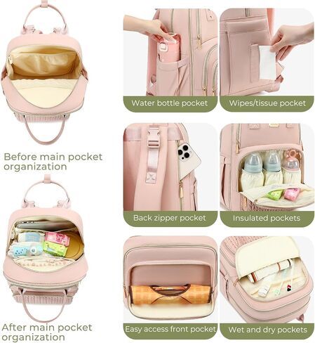 AIJIEKE Baby Diaper Bag Backpack with Changing Pad, Multi functional Boys & Girls Baby Travel Tote, Stroller Strap & Insulated Pockets Diaper Backpack, Baby Registry Search Diaper Bag, Pink in Kuwait