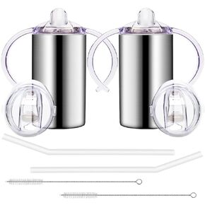 12oz Stainless Steel Sippy Cups for Toddlers with Handles, Spill Proof Double Wall Vacuum Insulated Sippy Cups, Kids Straw Cups with Extra Lids for School, Outdoor, 2 Pack