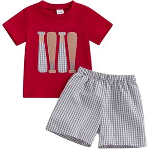 Baseball Toddler Baby Boy Girl Clothes Baseball Bat Embroidery Short Sleeve T Shirt Plaid Shorts Set Infant Clothes