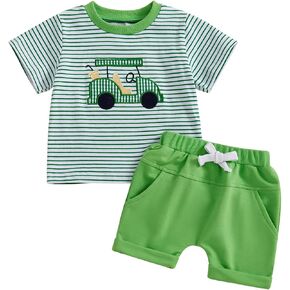 Toddler Baby Girl Boy Golf Outfit Waffle Short Sleeve Embroidery Sweatshirt Top Striped Plaid Shorts Summer Clothes