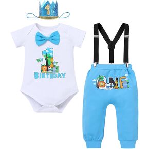 IBTOM CASTLE Baby Boys Jungle Theme My 1st Birthday Outfit Romper+Pants+Suspenders+Headband 4pcs Photoshoot Cake Smash Outfit