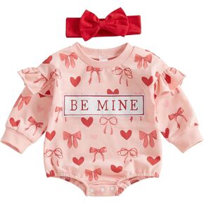 Valentines Day Baby Girl Outfit Be Mine Heart Sweatshirt Bubble Romper Ruffle Long Sleeve Bodysuit One Piece Outfits