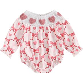 Newborn Smocked Baby Girl Outfit Hearts Plaid Long Sleeve Bubble Romper Bodysuit Infant Cute Valentines Day Clothes