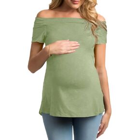 Women's Off The Shoulder Maternity Tops 2025 Trendy Summer Short Sleeve T Shirts Slim Pregnancy Shirts