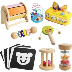 Montessori Toys for Babies 6-12 Months, 8 in 1 Baby Montessori Toys 6 Month Old Set，Black and White Baby Toys with Spinning Drum Baby Toy, Baby Tissue Box,Rattle Toy,Maze Beads