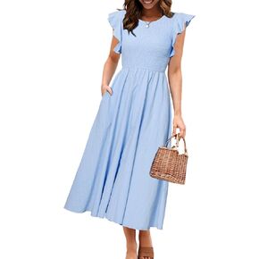 Simplee Womens Striped Midi Summer Dress Smocked Flutter Short Sleeve Dress 2025 Flowy Casual Dress with Pockets
