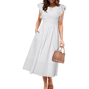 Simplee Womens Striped Midi Summer Dress Linen Smocked Flutter Short Sleeve Dress Flowy Casual Dress with Pockets in Saudi Arabia