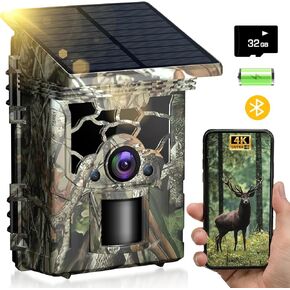 Trail Camera - Solar Powered 4K 46MP WiFi Bluetooth Game Camera, Motion Activated Hunting Camera Wildlife Camera with IP66 Waterproof No Glow HD Night Vision for Wildlife Monitoring Hunting