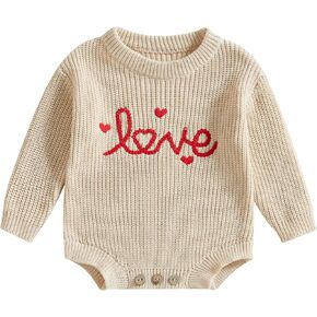 Lesimsam Newborn Baby Boy Girl Valentines Day Outfit Oversized Embroidery Long Sleeve Knit Sweater Bubble Romper Bodysuit