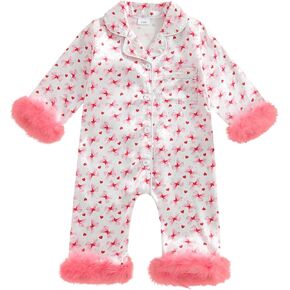 Kuriozud Baby Girl Silk Stain Pajamas Feather Cuffs Romper One-Piece Jumpsuit Pjs Long Sleeve Lapel Button Down Nightgown