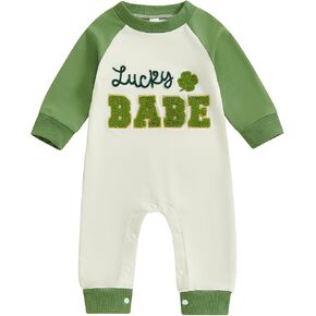 Karuedoo Newborn Baby Boy Girl St Patricks Day Outfit Letter Shamrock Embroidery Long Sleeve Romper Jumpsuit One-Piece Outfit