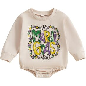 Lamuusaa Newborn Baby Girl Boy Mardi Gras Outfit Long Sleeve Mardi Gras Letter Print Romper Oversized Sweatshirt 0-18M