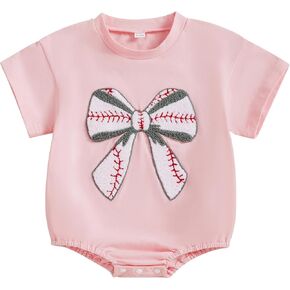 Newborn Baseball Outfit Baby Girl Baseball Bow Embroidery Bubble Romper Short Sleeve One Piece Sweater Bodysuit