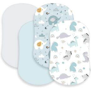 4 Pcs Baby Bassinet Sheets Soft Fitted for Baby Boys Girls Soft Cotton Animals Bassinet Sheet Cover Safe Comfort for Standard Bassinet Pads Rectangular Mattress Cradle, Elephant, Dinosaur