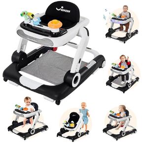 5 in 1 Baby Walker, Activity Baby Walker-Baby Bouncer, Rocker, Activity Center,Seat and Push Walker,Detachable Trampoline Mat, Adjustable Speed Rear Wheels and Height,Ages 6-18 Months (Black)