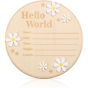 Baby Announcement Sign, 6 Inch Diameter Round Wooden Hello World Sign for Newborn Baby Birth Announcement Plaque New Baby Name Sign Baby Welcome Sign for Girls Boys Hospital Nursery Home Decor