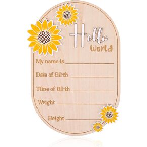 Baby Announcement Sign, 5.9in Newborn Announcement Sign, Oval Sunflower Hello World Sign, Wooden Welcome Birth Baby Name Board Plaques for Boys Girls, Photo Props Baby Shower Hospital Nursery