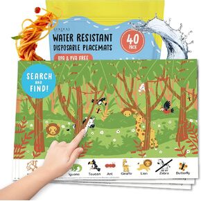 Kids Disposable Placemats - Set of 40 Adhesive Table Placemats - Jungle Animals - Sticky Placemats for Restaurant Dining Table Airplane Tray - Travel Essentials for Baby - by Central 23