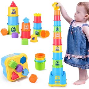 iPlay, iLearn Baby Stacking Toys, Toddler Nesting Stack Cups, Infant Stackable Block, Kids Sorting Game W/Shape Sorter for Sand Bath, Birthday Gift for 12 18 24 Month 1 2 3 Year Old Boys Girls