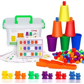 Bmag Counting Bears with Matching Sorting Cups,Number Color Recognition STEM Educational Toy for Toddler, Pre-School Learning Toy with 90 Bears,2 Tweezers,11 Activity Cards,1 Storage Box