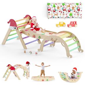 12 in 1 Pikler Triangle Set with Cushion Christmas Montessori Toddler Climbing Toys Indoor Playground Foldable Baby Climbing Gym Jungle Gyms with Maze, Shape Sorter, Car Toys