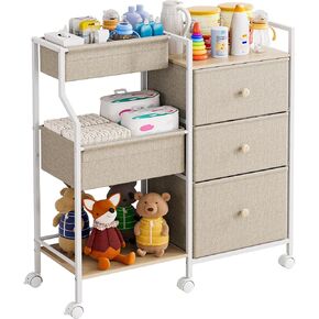 Baby Organizer and Storage Cart - 3 Tier Baby Rolling Cart with Dividers and Drawers, Easy to Assemble, Mobile Utility Cart with Wheels for Nursery, Bedroom, Changing Table & Crib,Off White