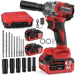Sundpey 21V Cordless Impact Wrench - 1/2 Inch 480Ft-lbs(650N·m) Brushless Electric Impact Gun - High Torque Power Wrench with 2 x 4.0Ah Battery & 6 Sockets & 9 Drill Bits & Fast Charger & Tool Case