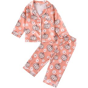 Kids Girls Satin Pajamas Baby Halloween Pajamas Pumpkin Floral Button Down Tops And Long Pants Satin Fall Sleepwear (Orange Pumpkin Daisy, 18-24 Months)
