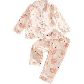 Kids Girls Pajamas Baby Short/Long Sleeve Lapel Button Down Tops And Shorts Satin Sleepwear Silk Halloween Pajamas (Orange Pumpkin&Bow, 2-3 Years)