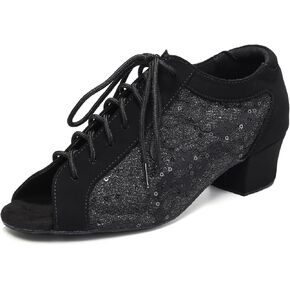 Women's Latin Dance Practice Shoes with Lace-up Peep Toe Ballroom Salsa Tango Dancing Shoes Low Heel