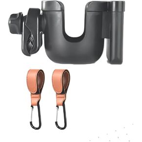 Universal 3in1 Stroller Phone & Cup Holder Attachment Set,with Brown Bag Hook Cup Holder Mobile Phone 360° Rotating for Bike, Pushchair, Wheelchair, Walker, Bicycle - Fits Most Cups