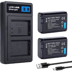 2-Pack NP-FW50 Replacement Battery with Smart LCD Display Dual USB Slot Charger Compatible for Sony ZV-E10, Alpha A5000 A5100 A6000 A6300 A6400 A6500, A7, A7R, A7RII, A7II, A7S, A7SII Camera