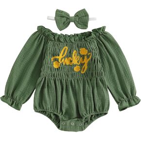 Lesimsam Newborn Baby Girl Valentines Day Outfit Embroidery Cotton Linen Smocked Bubble Romper Long Sleeve Bodysuit Headband