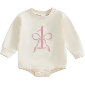 Honganda Baby Girl 1st Birthday Outfit Long Sleeve Bow Embroidery One Bubble Romper Sweatshirt Fall First Birthday Clothes