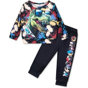 Toddler Boy Clothes 2PCS Long Sleeve Dinosaur Sweatshirt Pant Set Toddler Boy Outfits Fall Winter Spring 2-8Y