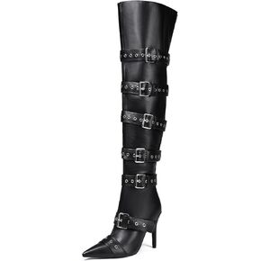 Bapolee Black Side Buckle Over The Knee High Boots For Women Sexy Fashion Pointed Toe Zipper Leather Stiletto Thigh High Boots
