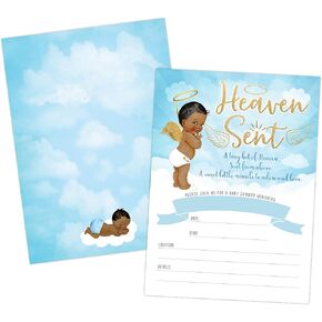 Heaven Sent Boy Baby Shower Invitation - African American Cute Clouds and Celestial Angel Baby Shower Invite - Twinkle Twinkle Little Star - 20 Fill-in Invitations and Envelopes