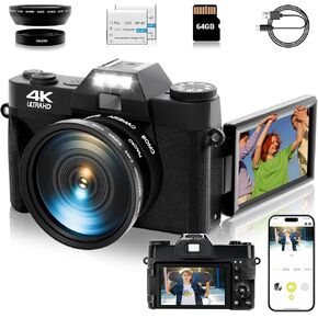 4K Digital Camera for Photography, 56MP Vlogging Video WiFi Camera for YouTube with 3'' 180°Flip Screen, 64GB SD Card, 16x Digital Zoom, 2 Batteries, Point Shoot Compact Travel Vintage Cameras(Pink)