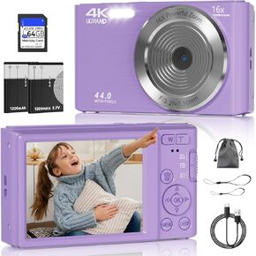 Digital Camera, FHD 4K 44MP Digital Camera, 16X Digital Zoom, Digital Point and Shoot Camera with 3-LED Fill Lights, 64GB SD Card, Compact Camera for Kids Teen Boys Girls, Cream in Kuwait
