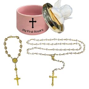 My First Rosary with Ceramic Keepsake Box, Baptism Rosary for Girls, Catholic Baptism Gifts for Girls, Shower Rosary Beads, Used for Newborn Baptism Ceremony(Pink)