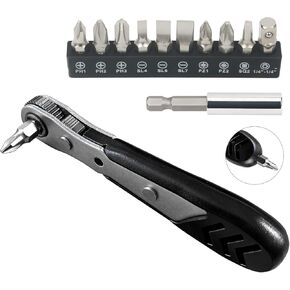 STREBITO Mini Ratchet Set 12-Piece 1/4 Ratchet Right Angle Screwdriver Set Small Ratcheting Wrench 90 Degree Offset Screwdriver High Torque Low Profile Ratchet Angled Screwdriver For Tight Spaces