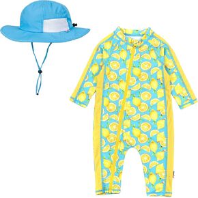 SwimZip Kid's Lemon Sunsuit - 0-6 Month + Aqua Wide Brim Sun Hat - 0-6 Month
